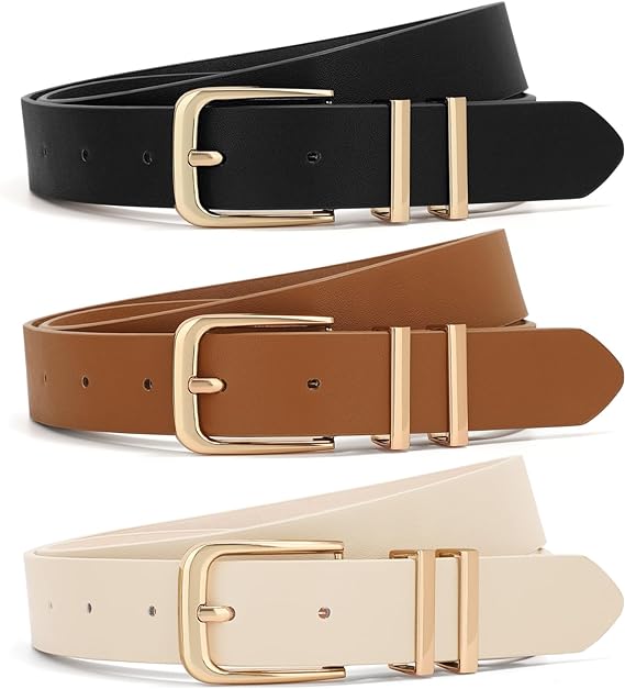 XZQTIVE 3 Pack Women Belts For Jeans Dresses Pants Ladies Leather Waist Belt with Gold Buckle